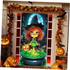 LOAVER Halloween Door Cover Decoration,Large Halloween Front Door Cover Witch 
