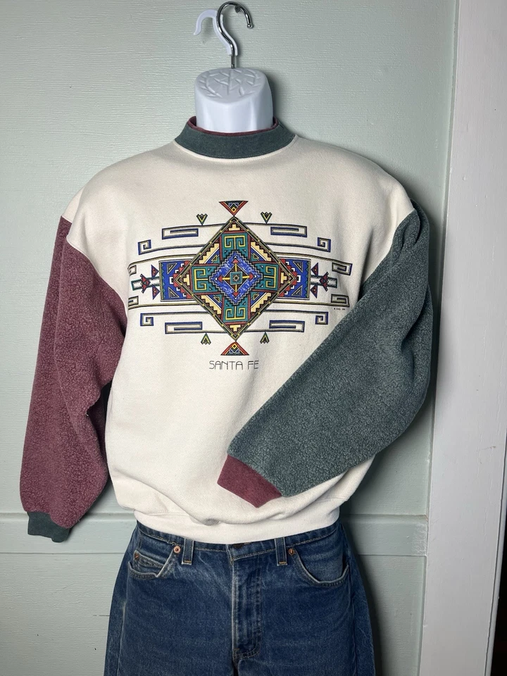 Sudadera De Colección 1994 Santa Fe Blanca Cuello Redondo Talla M Retro Vellón Azteca Y2K Foto 2 de 4