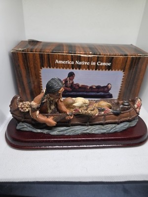 Vintage 1980s Native American Indian In Canoe 8in. long x 3 3/8in. tall NOS