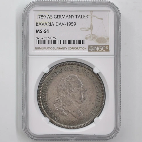 1789 Germany Bavaria Karl Theodor 27.98 Grams 1 Thaler Silver Coin NGC MS 64