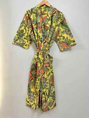 Indian Floral Printed 100% Cotton Robe Long Kimono Sleepwear Night Kimono Dress
