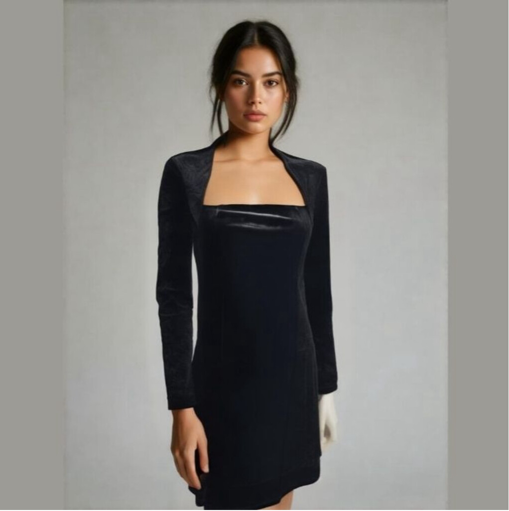 short black velvet dress Gilda | Black Velvet Bardot Long-Sleeve Mini Dress