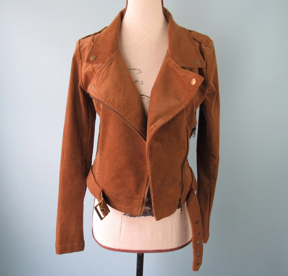 Talla: XS SAGE Chaqueta de Motocicleta Marrón Pana Cinturón Cierre de Cremallera Para Mujer Foto 2 de 4