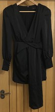 Missguided Black Satin Mini Dress (Bardot Twist Detail Wrap Front) - size 8