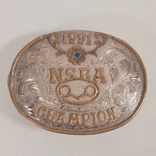 Vintage 1991 NSBA Champion Sterling Silver Overlay Belt Buckle Snaffle Bit
