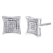 Diamond Square Kite Studs 10K White Gold Round Pave Fashion Earrings 0.17 Tcw.