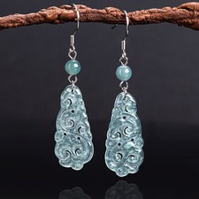Solid 925 Silver Natural Grade A Jade Jadeite Lucky Ruyi Cloud Dangle Earrings