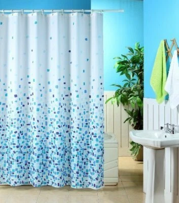 KAV Mosaic Blue Polyester Shower Curtain with 12 Rings 180x180cm Waterproof