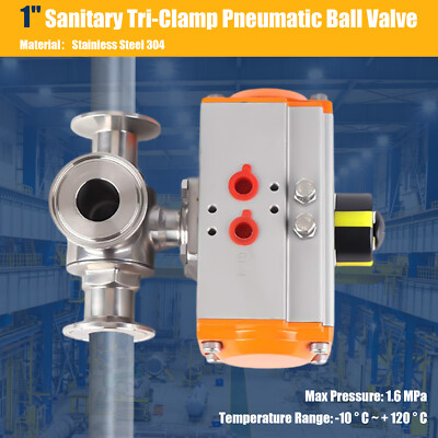 Three way L-port Tri-Clamp Pneumatic Ball Valve 1'' Sanitary Stainless 304 NEW