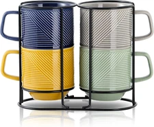 Stackable Coffee Mugs with Rack: 13 Oz Stacking Ceramic Cups with Stand for Home