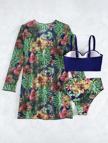 Green swimsuit three-piece set - blue top - Picture 4 of 6
