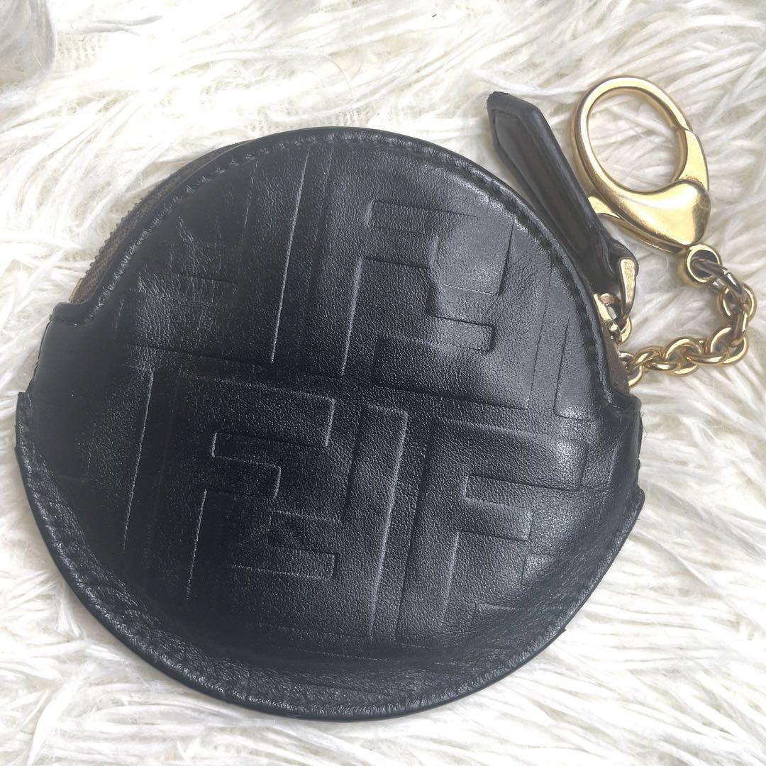 FENDI FF Logo Key Pouch Coin Case Brown Black Leather Round W10cm