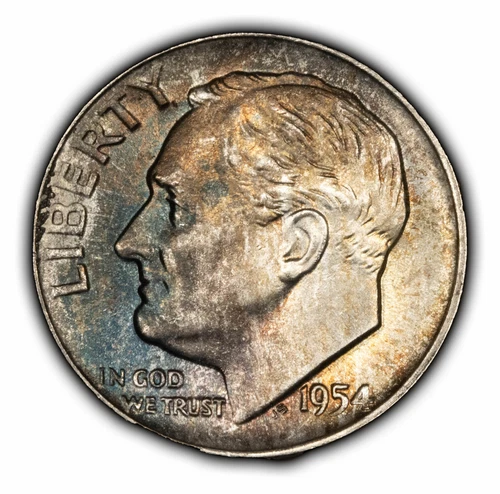 1954 10c Roosevelt Silver Dime - Unc - Luster - Blue/Brown Toning - SKU-Y4505
