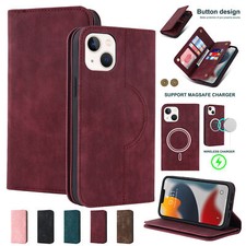 For Apple iPhone 14 Pro 13 Pro Max Mag Safe Charging Leather Card Slim Case