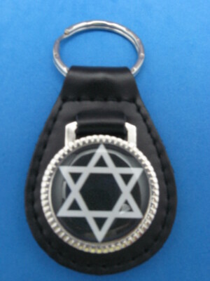 JEWISH STAR SIGN BLACK LEATHER KEYRING KEYFOB #236