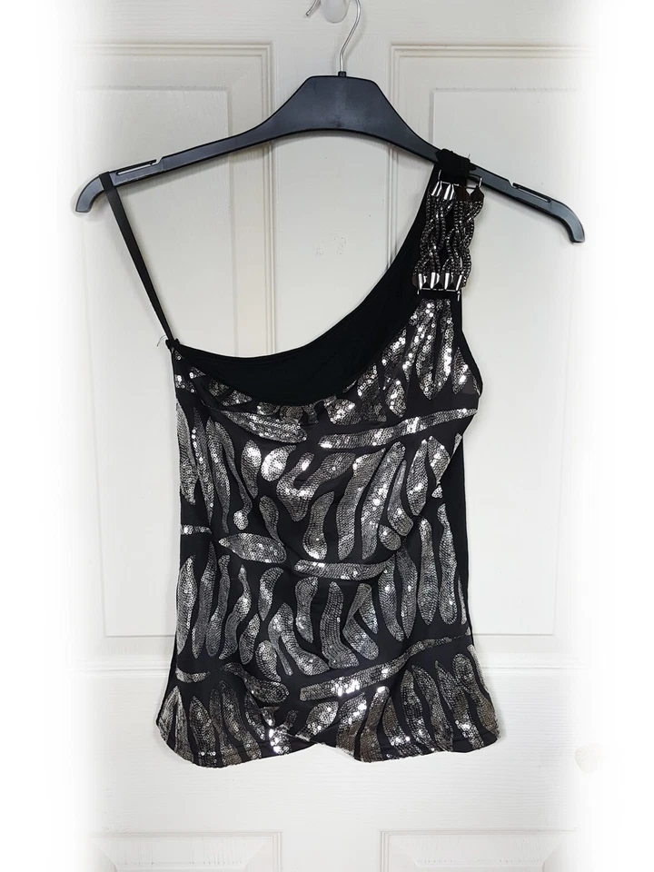 Black & Silver Sequin Metal Braid One Shoulder Top, Size 10 - VGC - Image 3 of 4