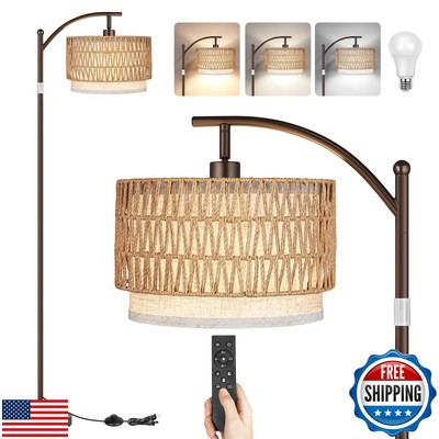 Rattan Floor Lamps for Living Room, Boho Standing Lamps with Rattanand Linen 
