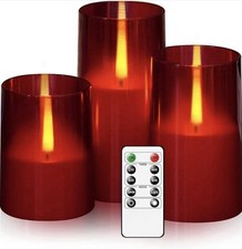 Red Flameless LED Candles with Remote Timer Realistic Flicker Set of 3 Battery