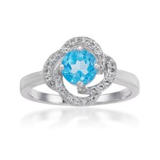 925 Sterling Silver Round Blue Topaz Statement Ring with White Topaz Accent Sz 7