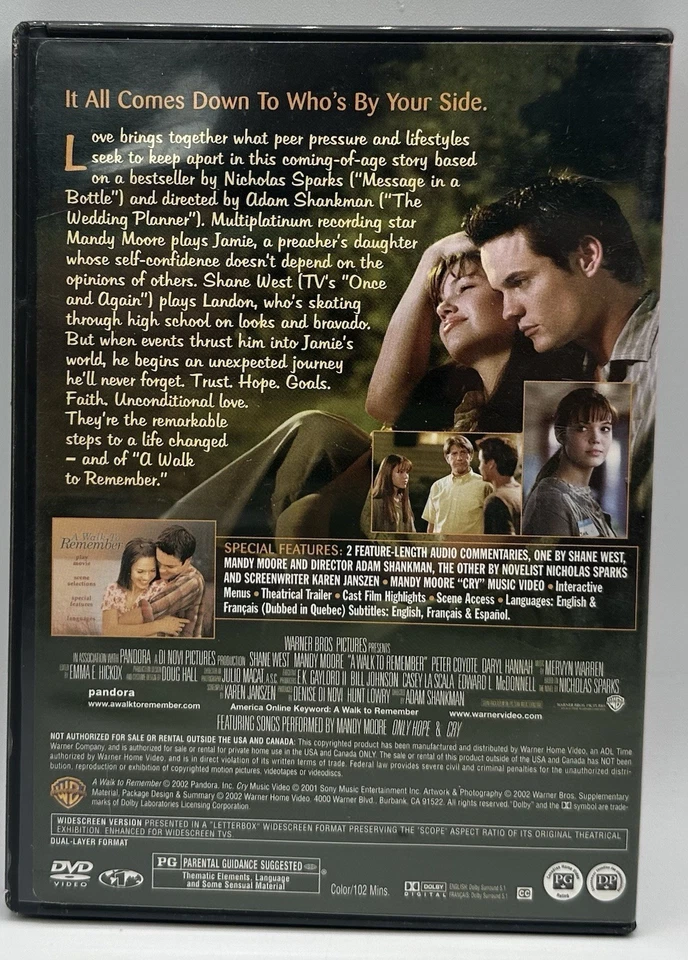 A Walk to Remember DVD Widescreen Shane West Mandy Moore Daryl Hannah 2002 - Image 2 of 3