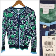 NEW Charter Club Cardigan Sweater Size Small casual Floral Navy Blue Green