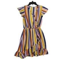 Lizabell Womens Small Striped Wrap Ruffle Mini Dress Mustard Blue Red LD4311-C
