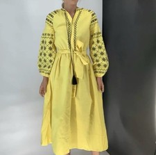 Yellow Embroidered Bohemian Midi Dress Cotton Woven Balloon Sleeve Belt Tassel
