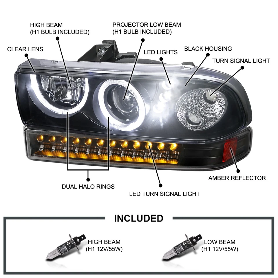 Fits 1998-2004 Chevy S10 Pickup Blazer Halo Projector Headlights+LED Bumper Lamp Foto 3 de 4
