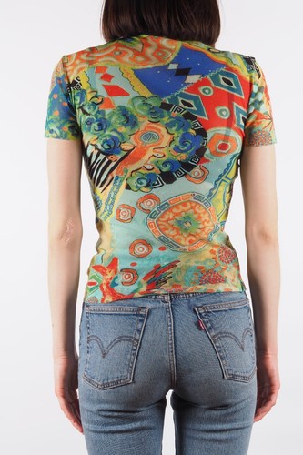 Kenzo Vintage 90s Women's Sheer Mesh Psychedelic Print T-Shirt Top Size L - Picture 3 of 8