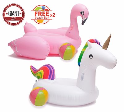  SUMMER SALE! Unicorn + Flamingo (2) Giant Pool Float Swim + FREE Beach Balls