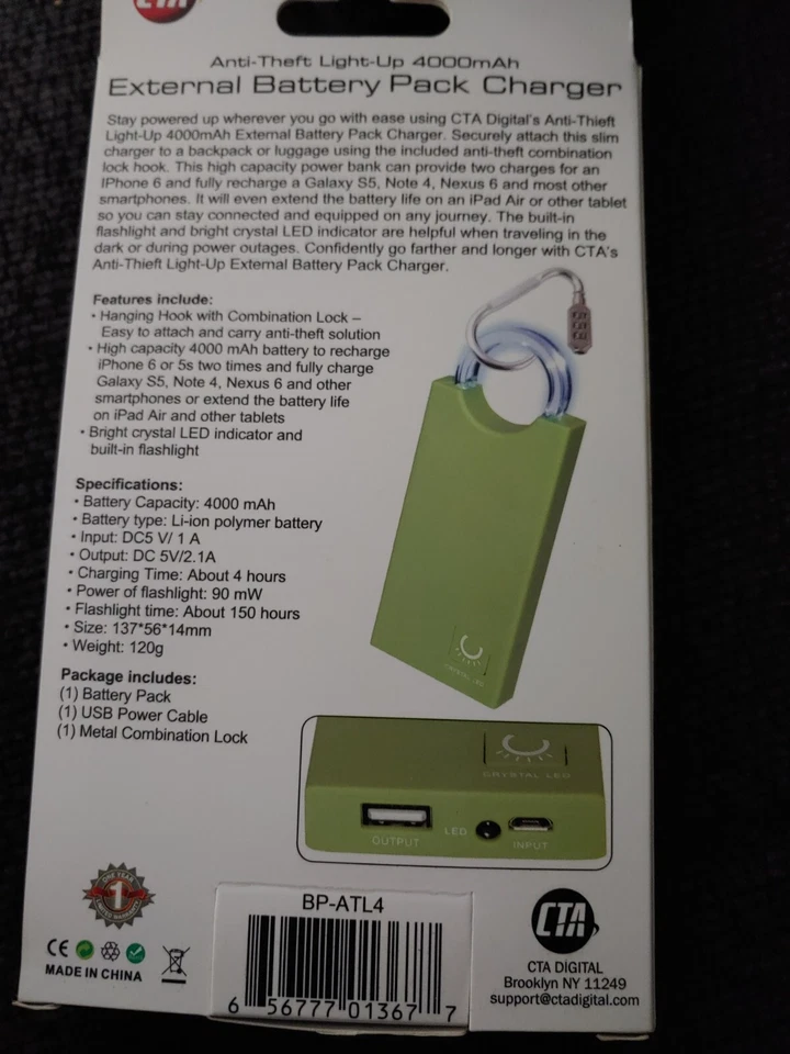 Stay Charged and Secure On-the-Go!  4000mAh Green CTA External Battery - Image 3 of 4