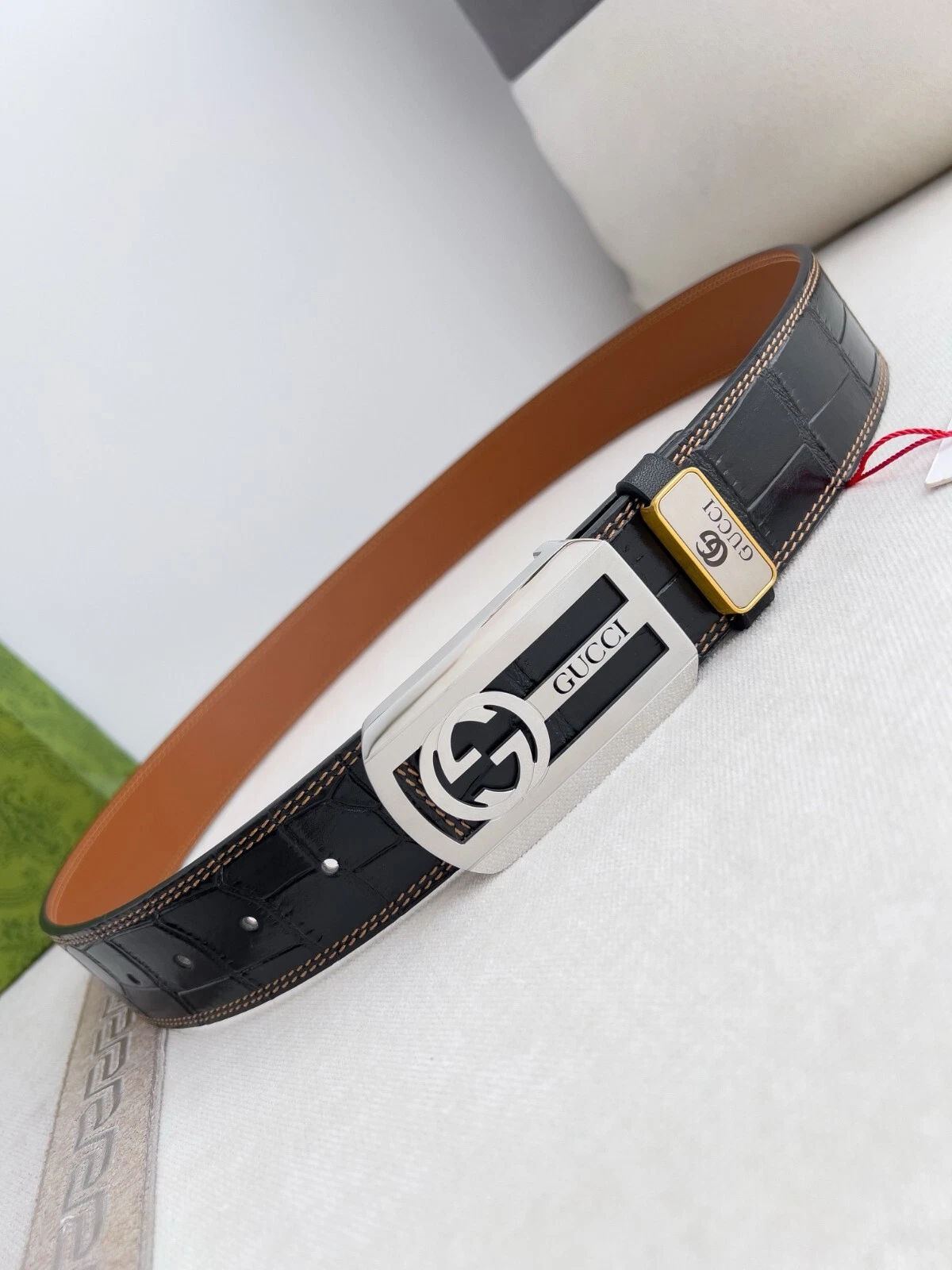 GUCCI 24k boucle acier pur argent 3,8cm ceinture homme motif crocodile noir90/36