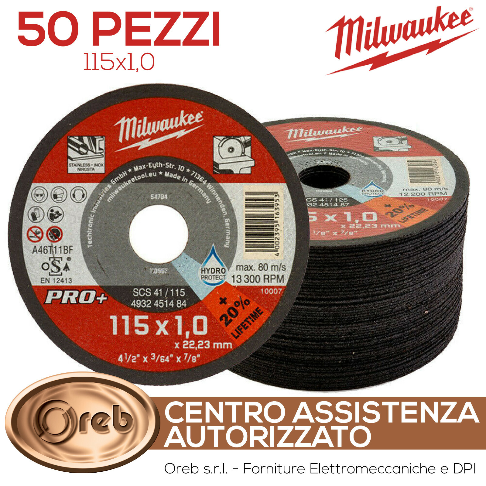 DISCHI DA TAGLIO 115x1 mm MILWAUKEE 4932451448 ACCIAIO INOX HARDOX GHISA 50 PEZZ