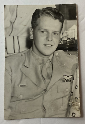 Vtg B&W Photo Handsome Baby Faced Uniformed Soldier Wavy Hair Tooth Smile