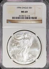 Key Date 1996 $1 Silver American Eagle MS 69 NGC # 3618512-114 + Bonus