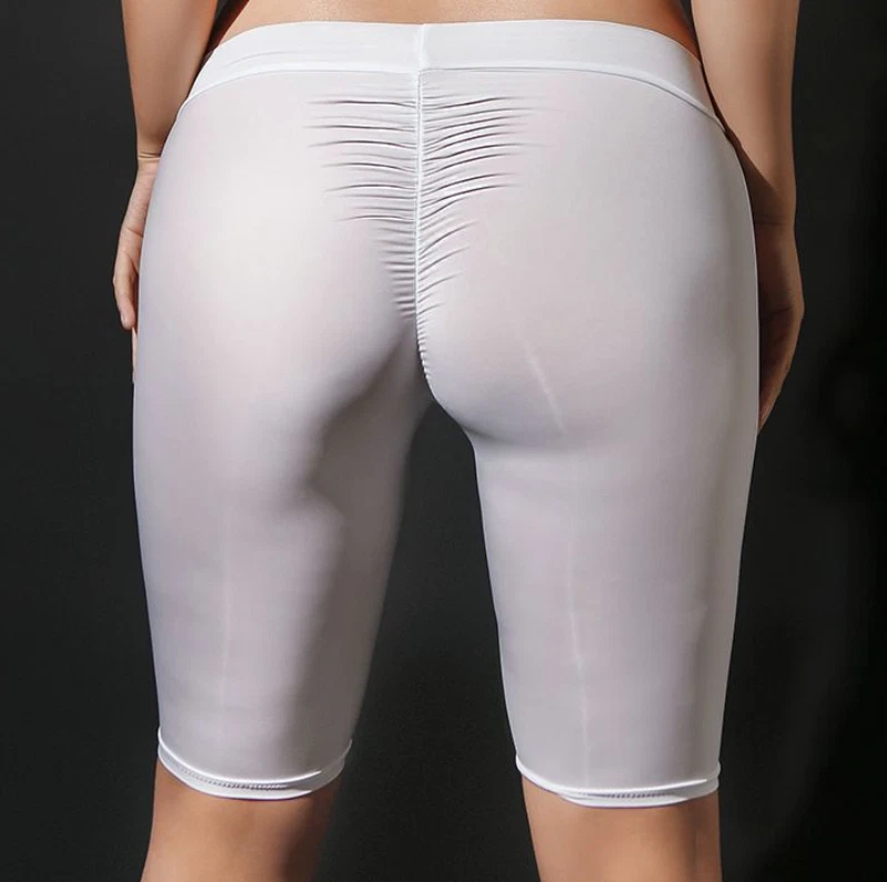 Ice Silk See Through Shiny Short Leggings Low Rise Waist Tight