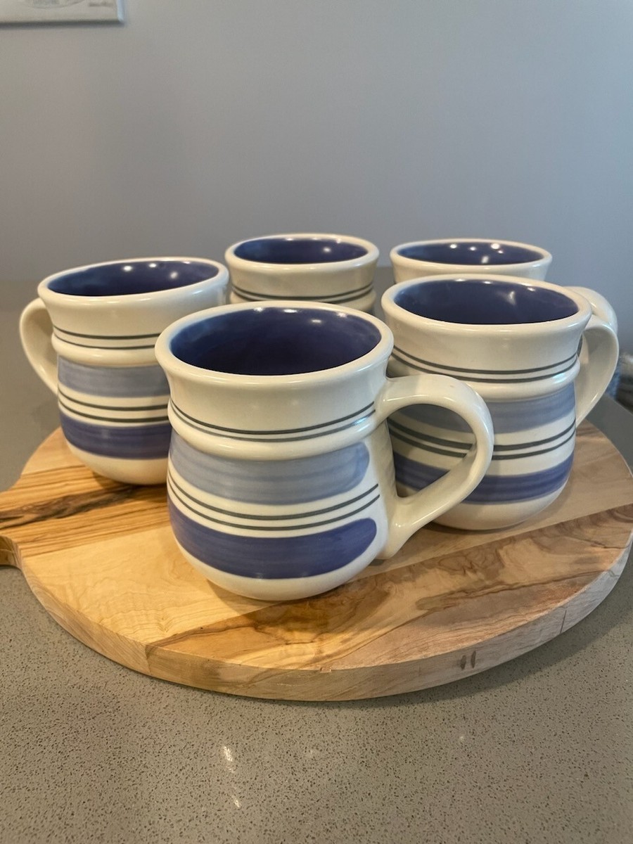 Pfaltzgraff Stoneware Mugs, Rio Blue Stripe White Coffee/Tea Cups
