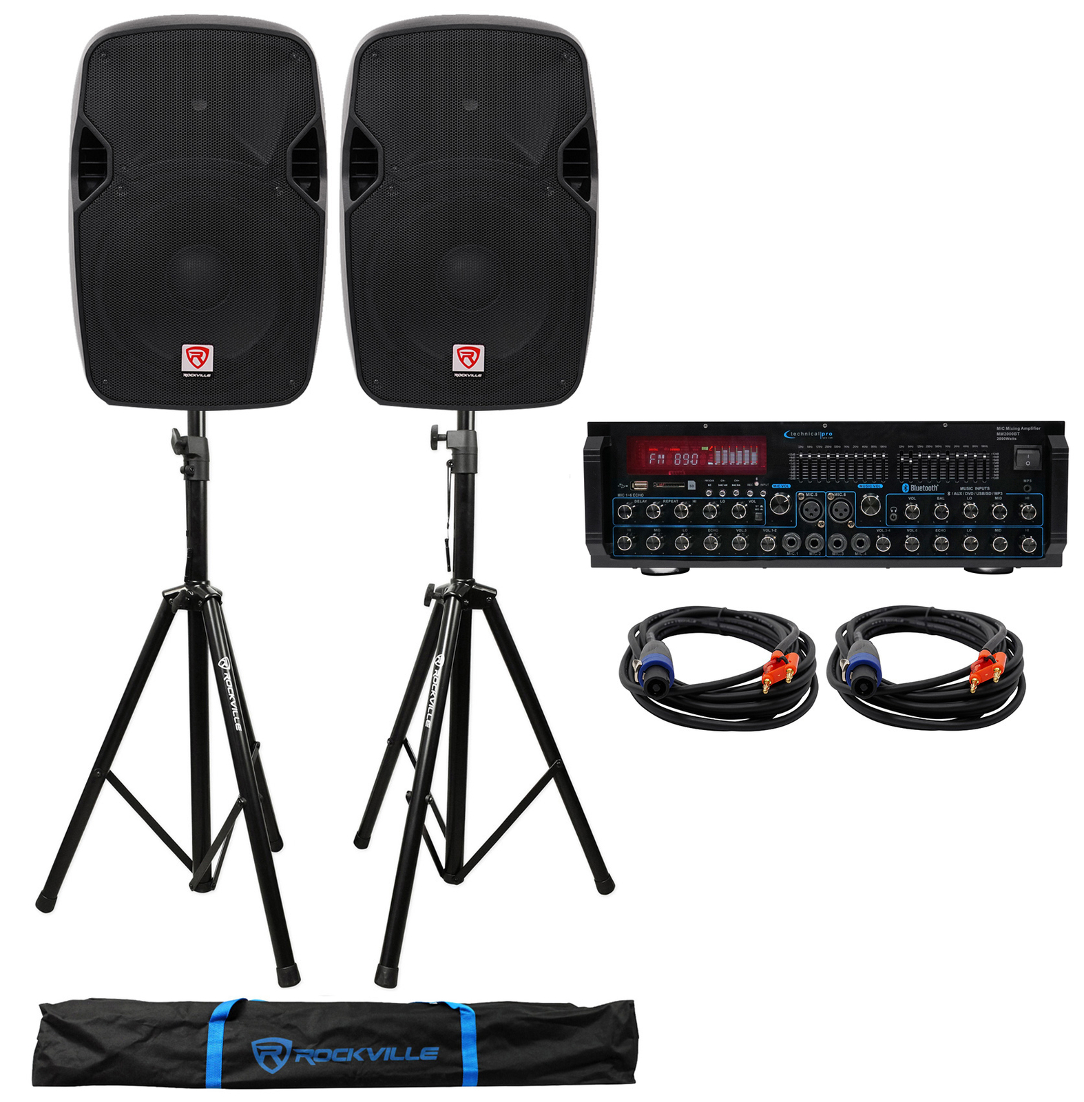 (2) Rockville SPGN124 12 динамиков мощностью 1200 Вт для DJ PA + Bluetooth-усилитель /микшер + Подставки
