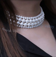 4 Rows White South Sea Shell Pearl Round Beads Multi Strand Choker Necklace 16''