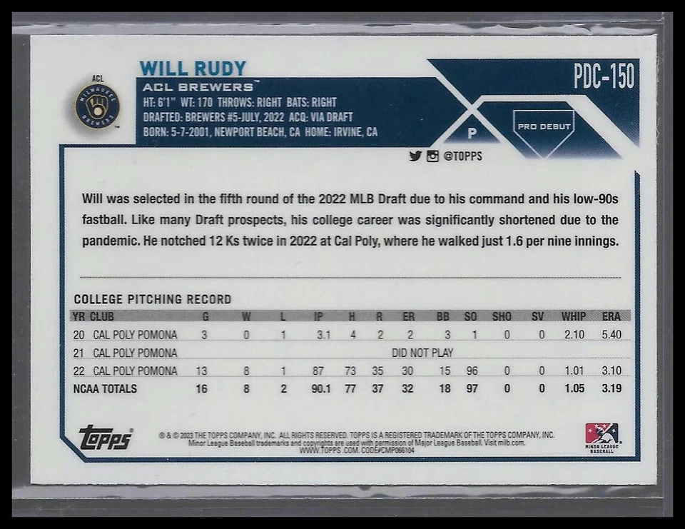 2023 Topps Pro Debut Chrome #PDC-150 Will Rudy ACL Brewers - Image 2 of 2