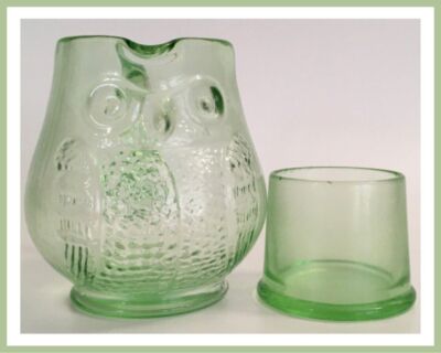 Vtg Martinsville GREEN Depression Glass Etched WISE OWL Tumble-Up Carafe & Cup