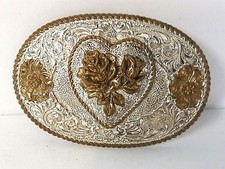 Crumrine El Arturo Bronze Belt Buckle Raised Rose Heart Gold Tone Silver Tone