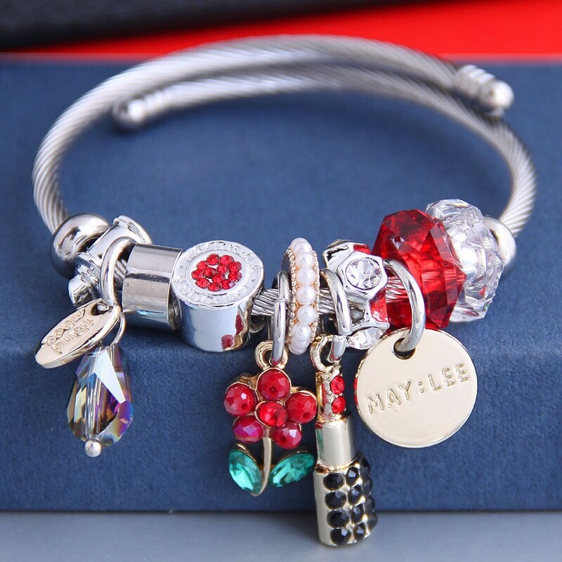 Red Lip Flower Bracelet DIY Stainless Steel Jewelry for Women-image