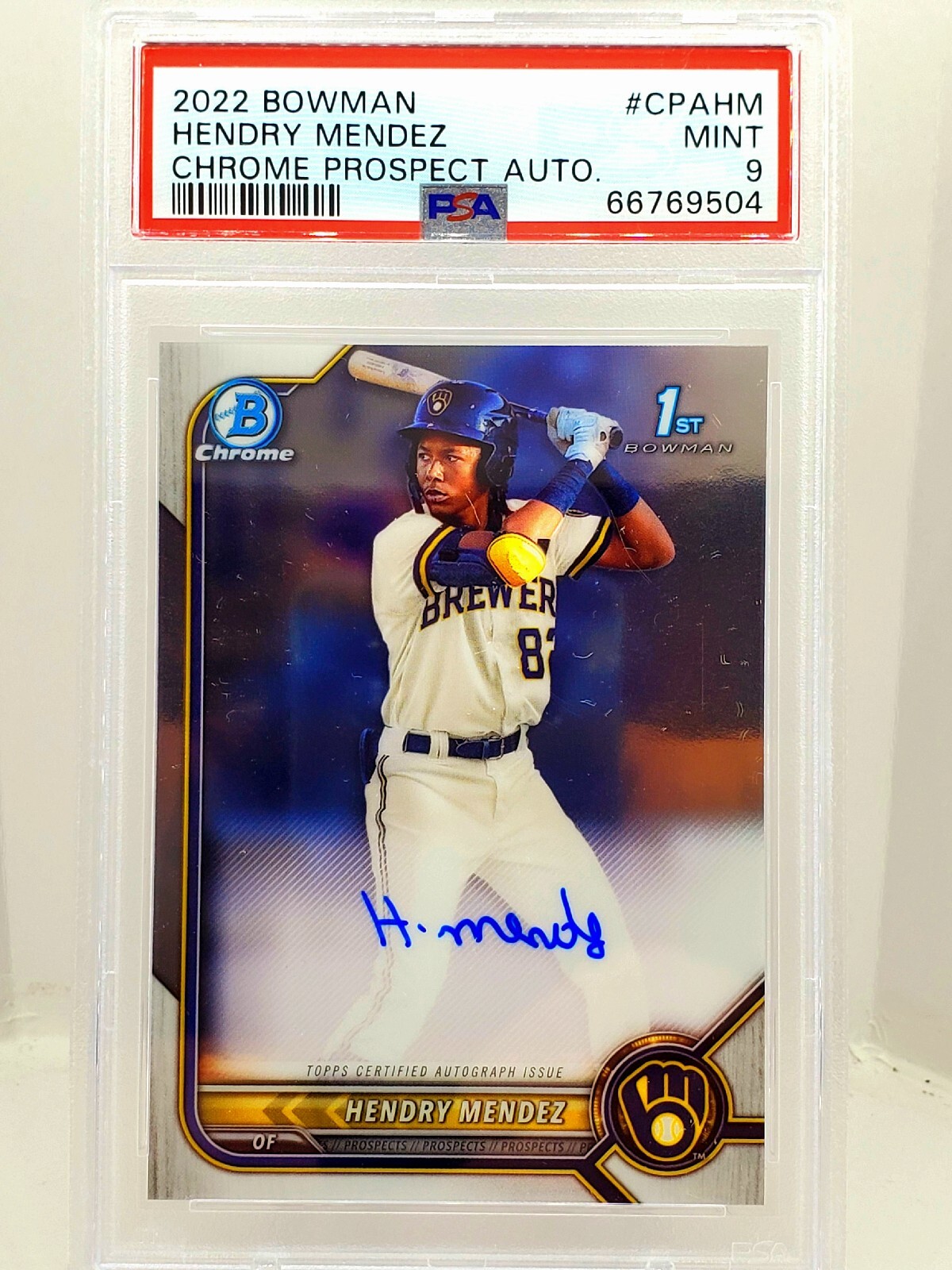 2022 Bowman Chrome 1st Hendry Mendez Auto PSA MINT 9 Brewers ROOKIE Autograph G1