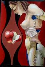 ORIGINAL SURREALIST "APPLE OF KNOWLEDGE" ACRYL WATERCOLOR PAPER UNFRAMED SIGNED