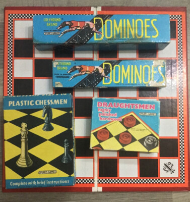 Vintage HOLZ ZEICHEN & BRETT + KUNSTSTOFF SCHACHSPIEL & Doppel 9 & Doppel 6 Dominosteine