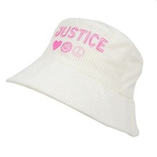 Justice Girls Bucket Style Hat White Corduroy Pink Embroidery New with Tags
