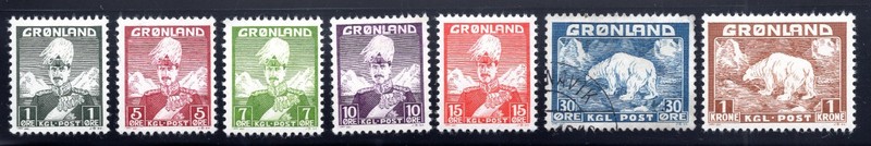 Greenland 1938 Set of 7 Christian X, Polar Bear, Scott 1-5, 7, 9 MH & used