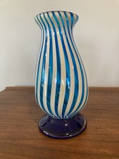 Hand-Blown Murano Style Teal Blue  White Stripe Swirl Art Glass Vase