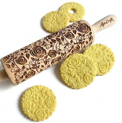 DAMASCUS ROSES Embossed Rolling Pin Wooden Embossing Dough Roller for Cookies...